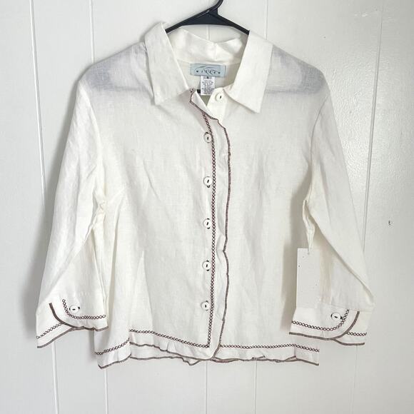 Linen Button Down Blouse S White Boxy Minimalist Coastal Stitch Trim NWT Capsule - Picture 1 of 8